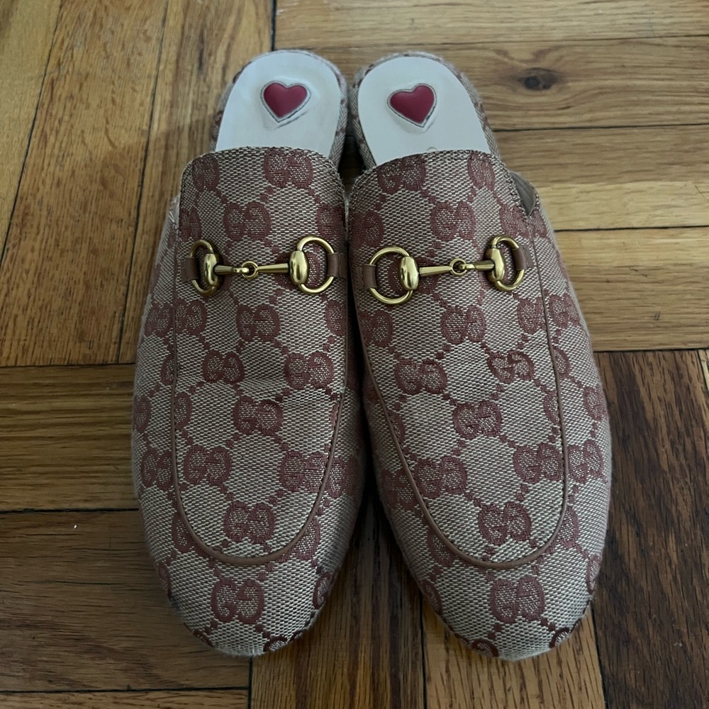 Gucci Beige and Brown Patterned Mules with Gold Detail